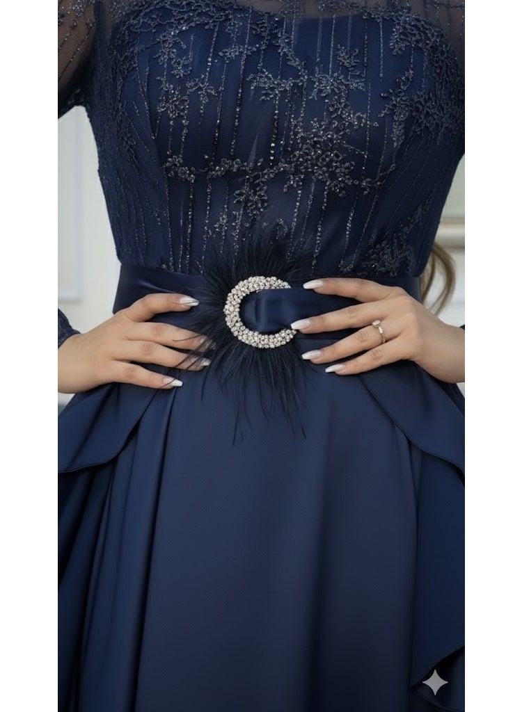 FULL JOY Elegant Maxi Dress with Sheer Lace Bodice, Long Sleeves And  Waist Belt,Fashion Dress. - Image 5